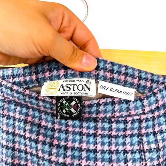 Vintage Aston Made in Scotland 100% Pure Wool Pink Blue Midi Skirt Small - Picture 7 of 9